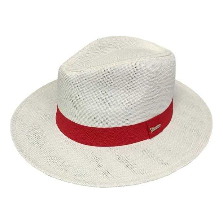 Chapéu modelo panamá com aba Larga branco com faixa vermelho unissex
