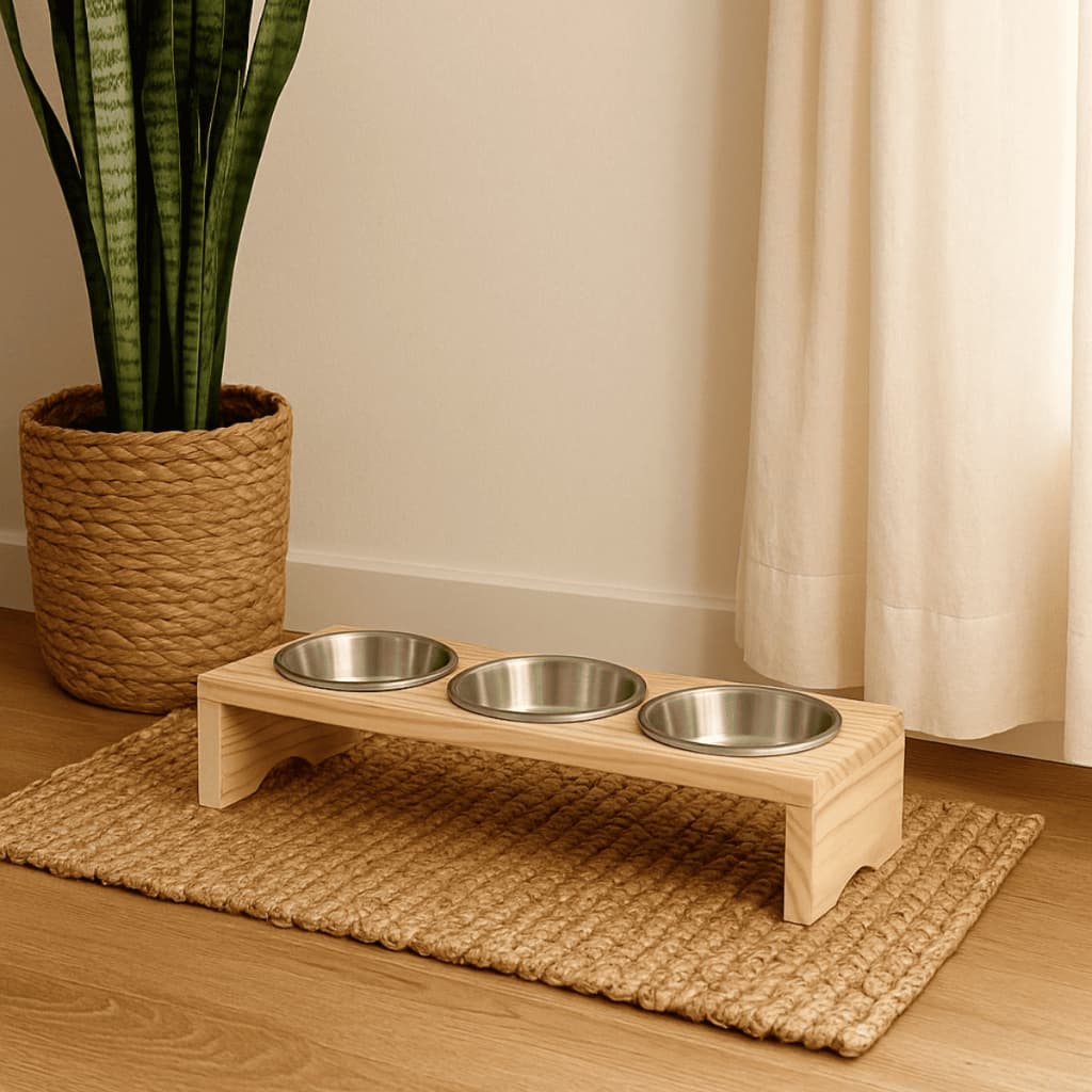 Comedouro  para Cães e Gatos Pequeno Porte Triplo Elevado Pinus