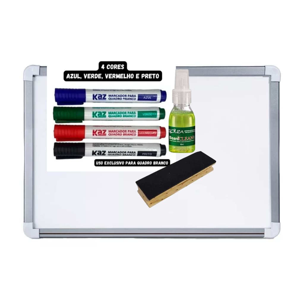 Quadro Lousa Branca 70cmx50cm Moldura Alumínio Soft + kit Canetas + Apagador + Limpador Spray
