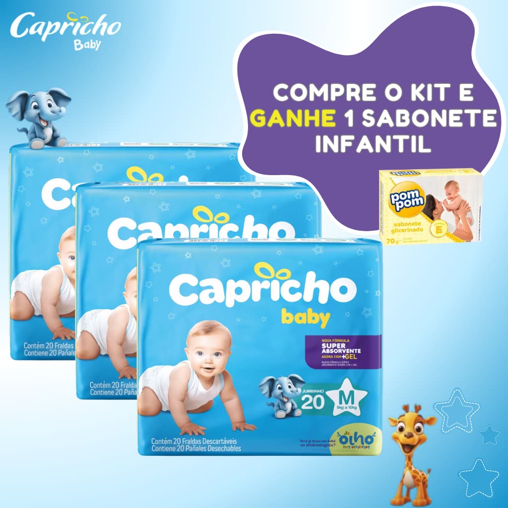 Kit 3 Pacotes de Fralda Capricho Baby + Sabonete de Bebê