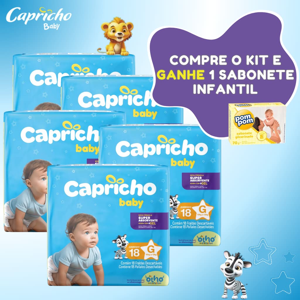 Kit 5 Pacote de Fralda Descartável Capricho Baby + Sabonete em Barra Infantil