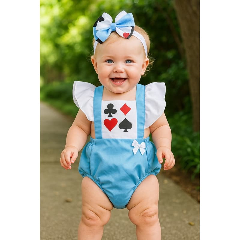 Romper bebê menina Alice no País das Maravilhas fantasia mesversário laço temático cartas look festa blogueirinha cute