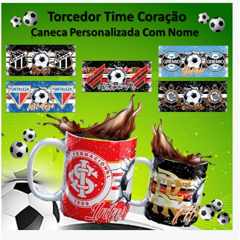 Caneca xícara Personalizada Nome Porcelana Cerâmica Time Coração Futebol Torcedor Uso Exclusivo