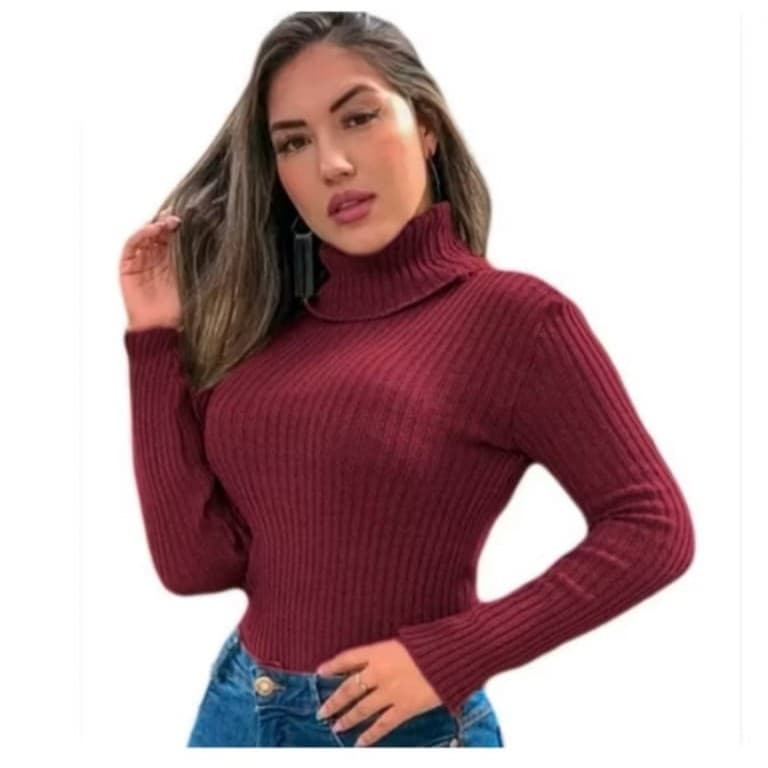 Blusa Cacharrel Canelada Feminina Segunda Pele Tricot Básica Gola Alta Moda Inverno