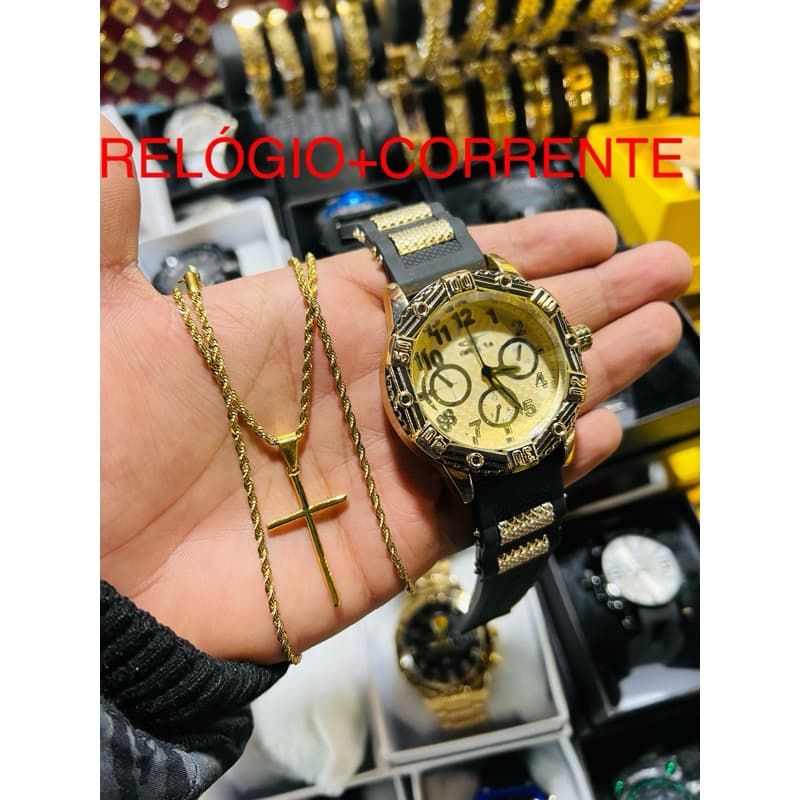 Relógio+Corrente Dourada com Pingente de Cruz 18k Social