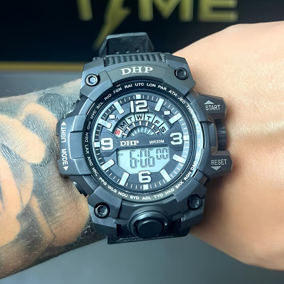 Relógio Masculino Esportivo Militar Digital e Analógico Resistente à Água com Luz Alarme Cronômetro Antichoque Robusto