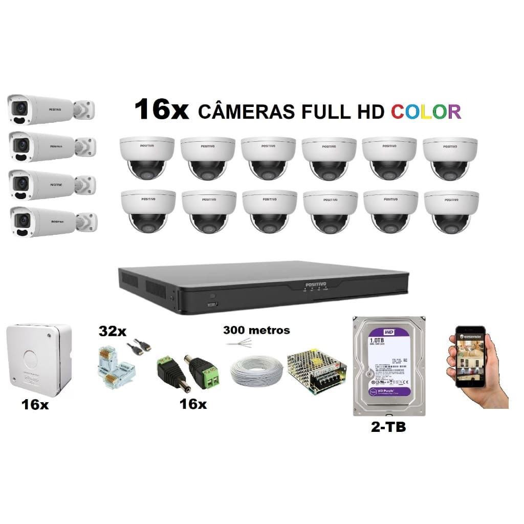 Kit NVR CFTV 16 câmeras Full HD Color +  300 metros cabo + fonte + 2TB + acesso remoto