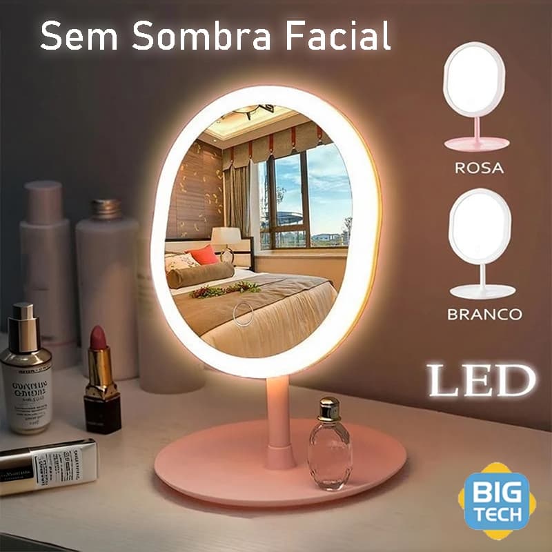Espelho De Maquiagem Recarregável Inteligente Oval Com Luz De Claro Led Ajustável Portátil Dobrável