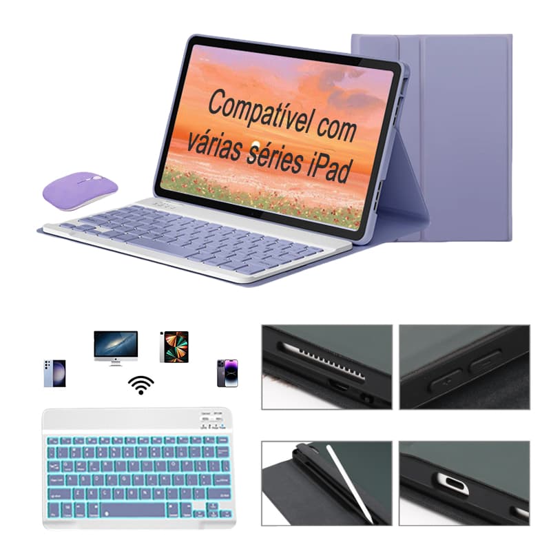 Capa para tablet para iPad 11ª(A16)/10ª(10.9/9ª/Air 11/Air 7/Air 6/Air 5 com Luminescência teclado ABNT2 (com Ç) e mouse