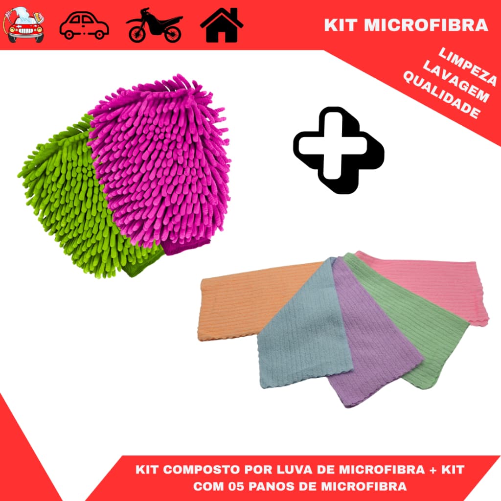 Kit Limpeza Panos Microfibra + Luva Automotiva | Alta Absorção, Reutilizável, Não Risca