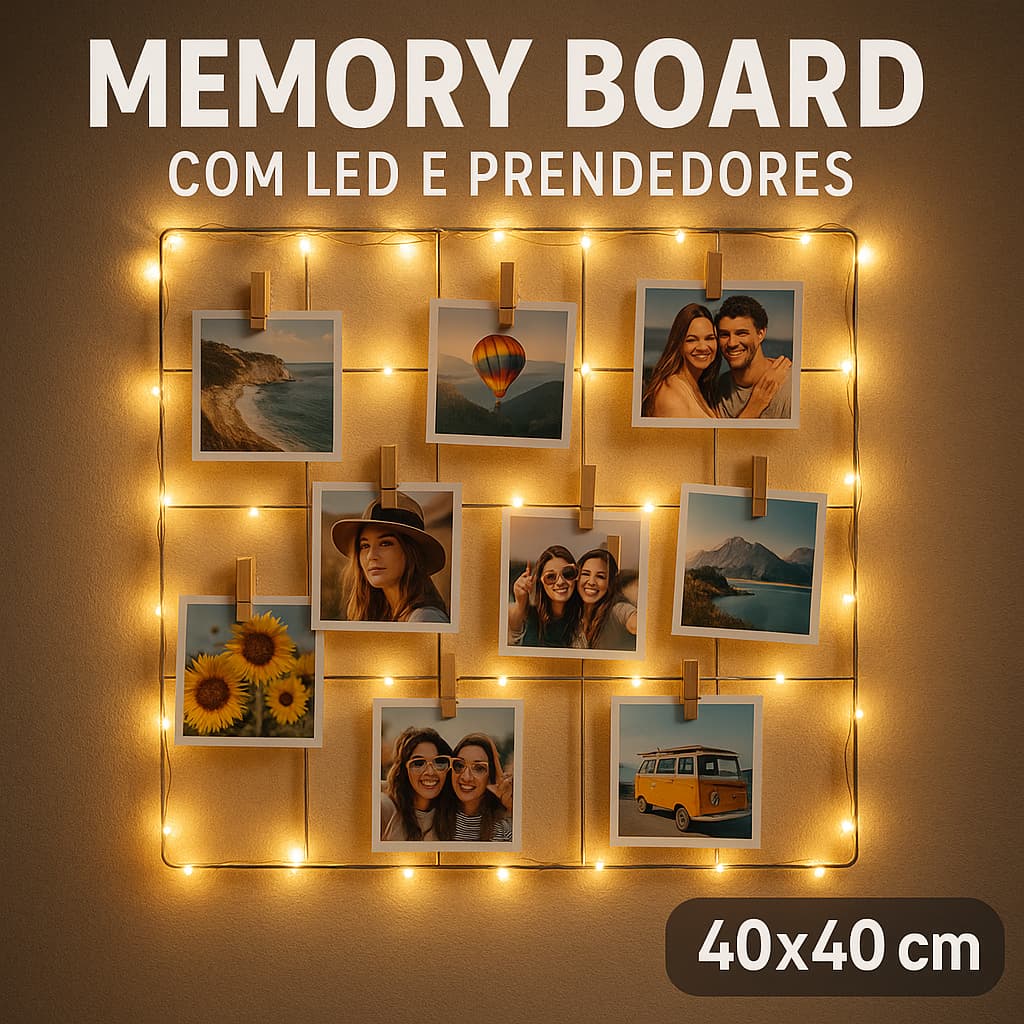 Painel de Fotos Memory Board com LED–Grade Aramada Estilo Porta-Retrato 40x40 (Não Precisa de Pilha)