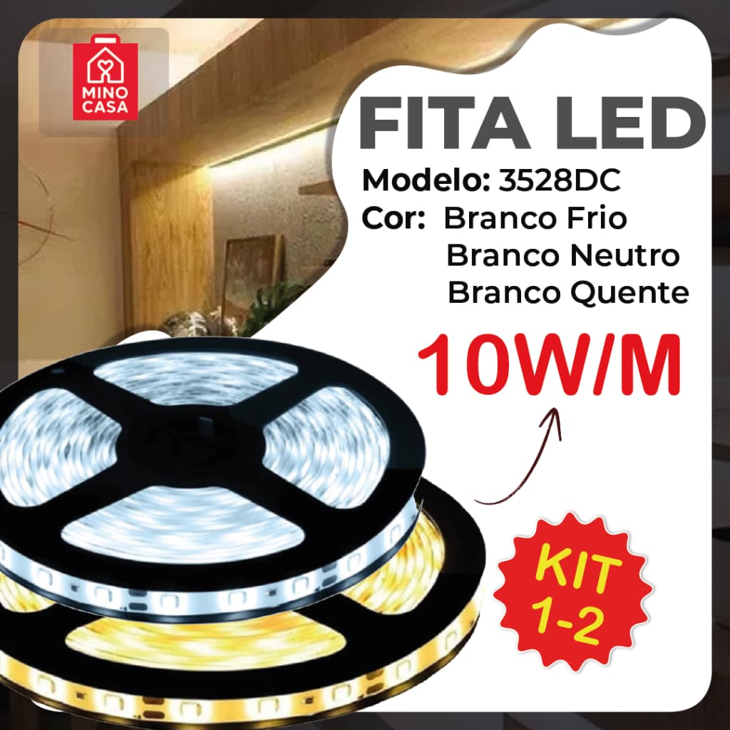 Fita LED 3528 Super Led Ultra 5M a prova d'água 600 Leds + Fonte | Luz Branca e Luz Neutro | IP20 (Acompanha Fonte)