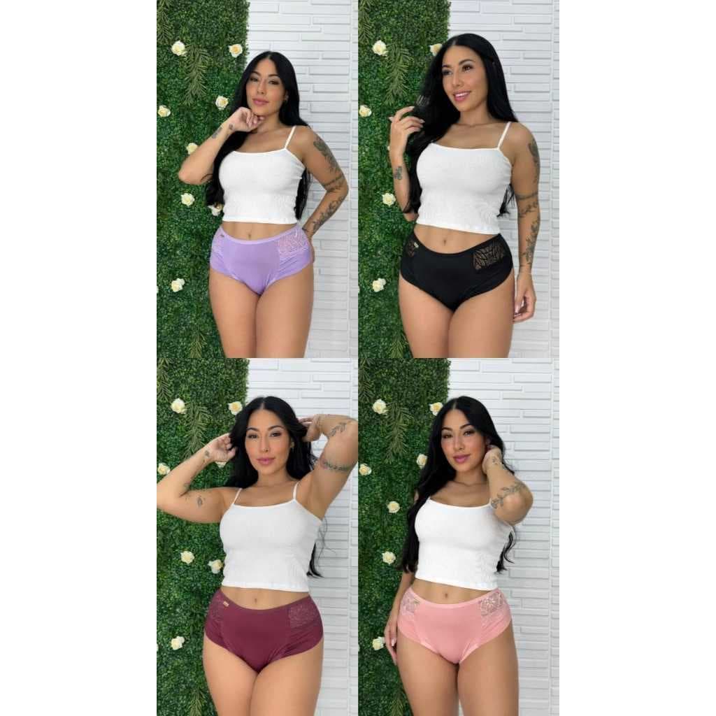 Kit C/3 Calcinhas Cintura Alta Feminina Lateral Larga Detalhes Em Renda Calça Confort