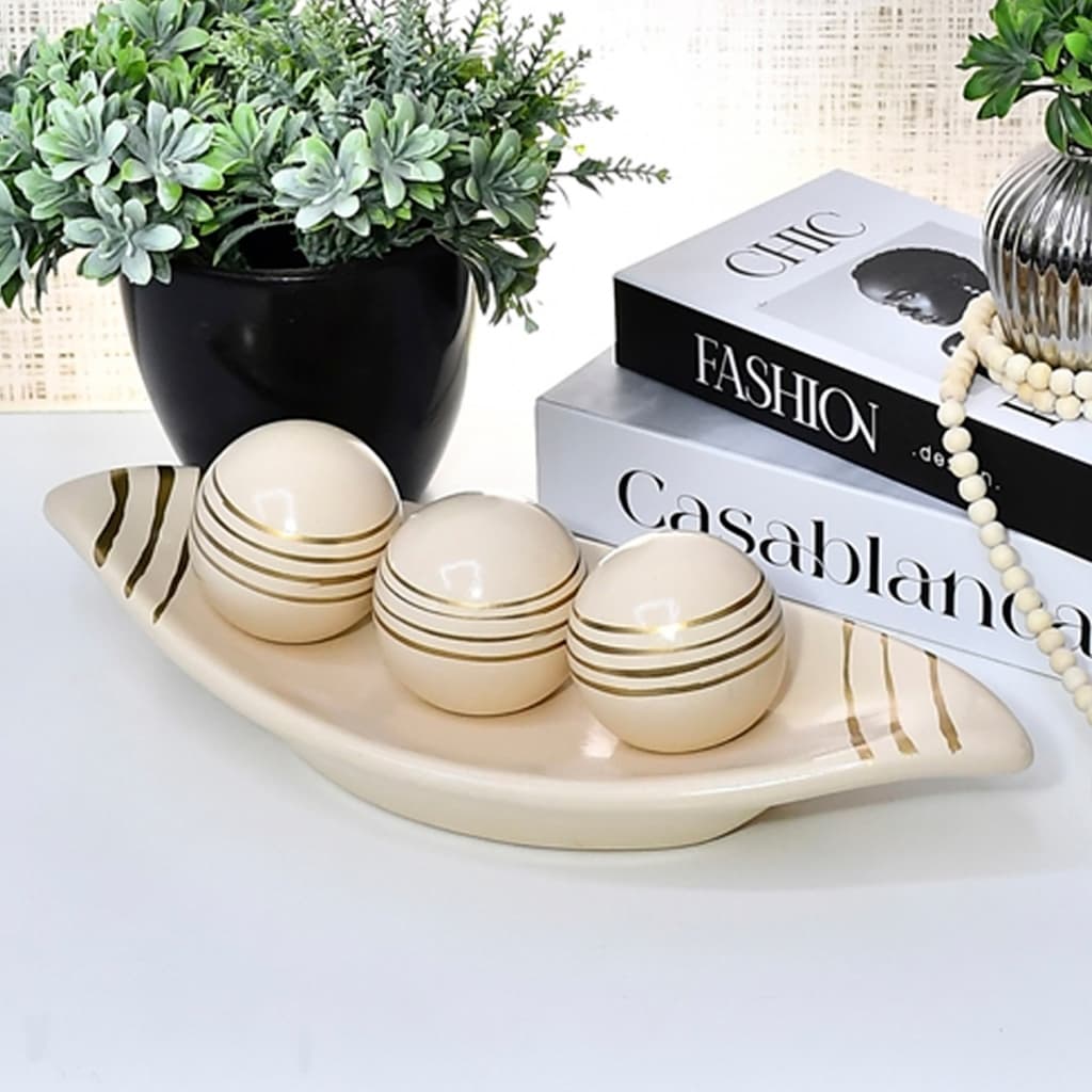 Enfeites Decoração Rack Sala Vasos Decorativo Aparado Casa Centro de Mesa Cerâmica Kit 3 bolas Prato