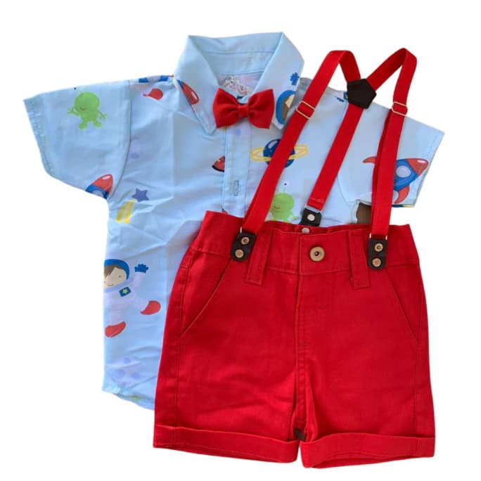 Astronauta roupa completa bermuda camisa suspensório gravata tematica infantil menino