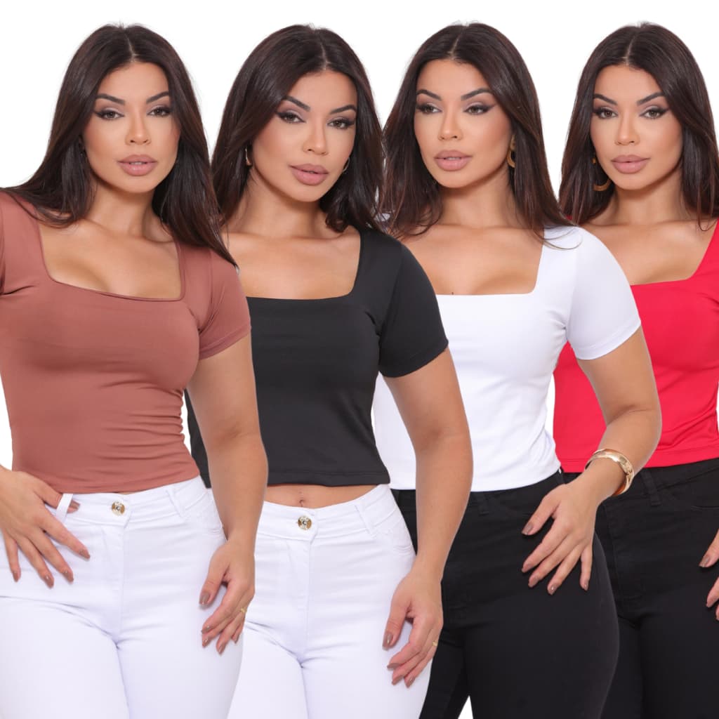 Kit 4 Blusas Cropped Suplex Básico Liso Manga Curta Decote Quadrado Forrada Cores Variadas