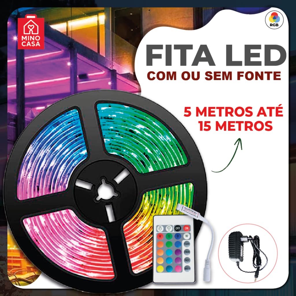 Fita LED 5050 Super Led Ultra RGB 15M 12v 300 Leds | Fita + Controle + Fonte | 16 Cores IP20
