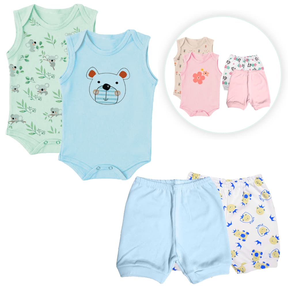 Kit 4 Pçs Roupinhas Bebê Body Regata Estampado e Shorts