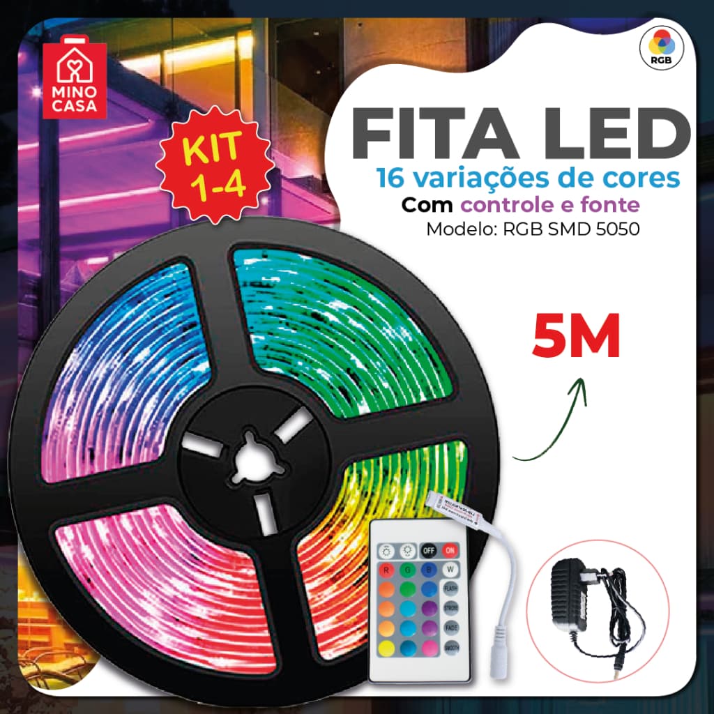 Fita LED 5050 Super Led Ultra RGB 5M 12v 300 Leds | Fita + Controle + Fonte | 16 Cores