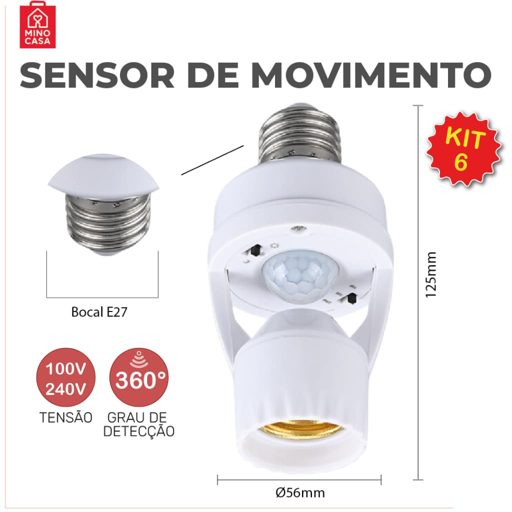 Kit 6 Sensor de Movimento para lâmpada Soquete E27 c/ sensor de presença Bivolt 110V~220V Max 60W