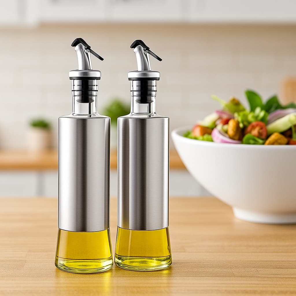 Kit Conjunto Jogo 4 Galheteiro Recipiente de Azeite e Vinagre em Aço Inox e Vidro 300 ml - Com Bico Dosador