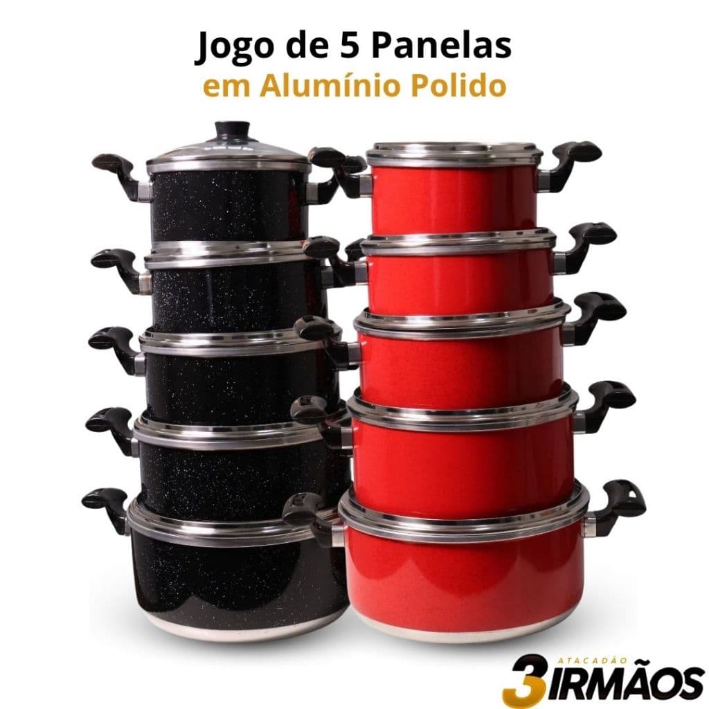 Jogo De Panelas 5 Peças Alumínio Polido Com Tampa De Vidro Caçarola 16 A 24