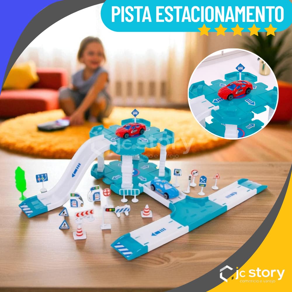 Pista de Carrinho Brinquedo Estacionamento e Garagem De Carros De Corrida 40 Peças 2 Carrinhos