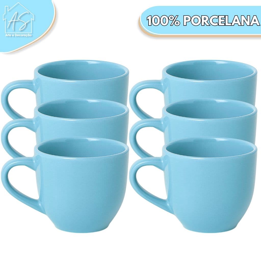 Jogo 6 Xicara Café Chá Porcelana 170ml > Cor Azul