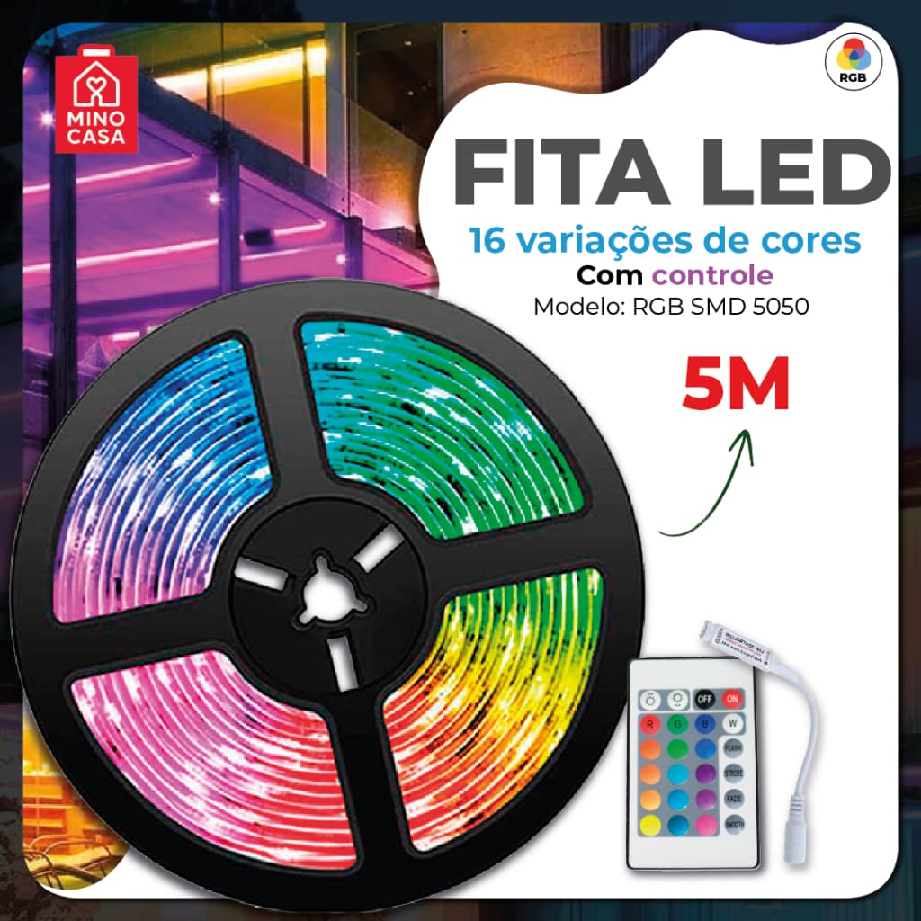 Fita LED 5050 SUPER LED ULTRA RGB 5M 12V  300 LEDS FITA + CONTROLE | 16 CORES IP20 Sem Fonte