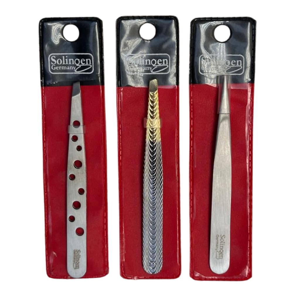Kit 3 Pinças Solingen Design Sobrancelha (Chanfrada 9 Furos + Chanfrada Luxo + Ponta Agulha Extra Fina)