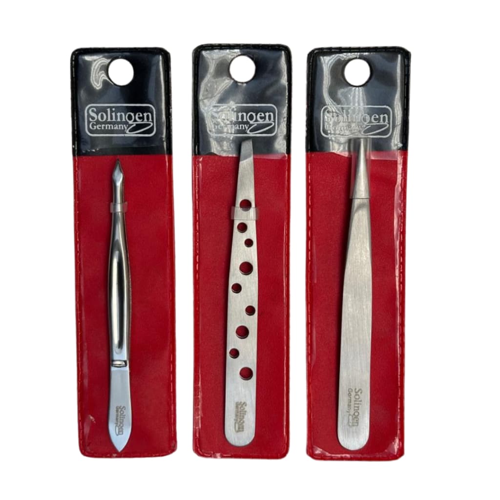 Kit 3 Pinças Solingen Design Sobrancelha (Triangular + Chanfrada 9 Furos + Ponta Agulha Extra Fina)