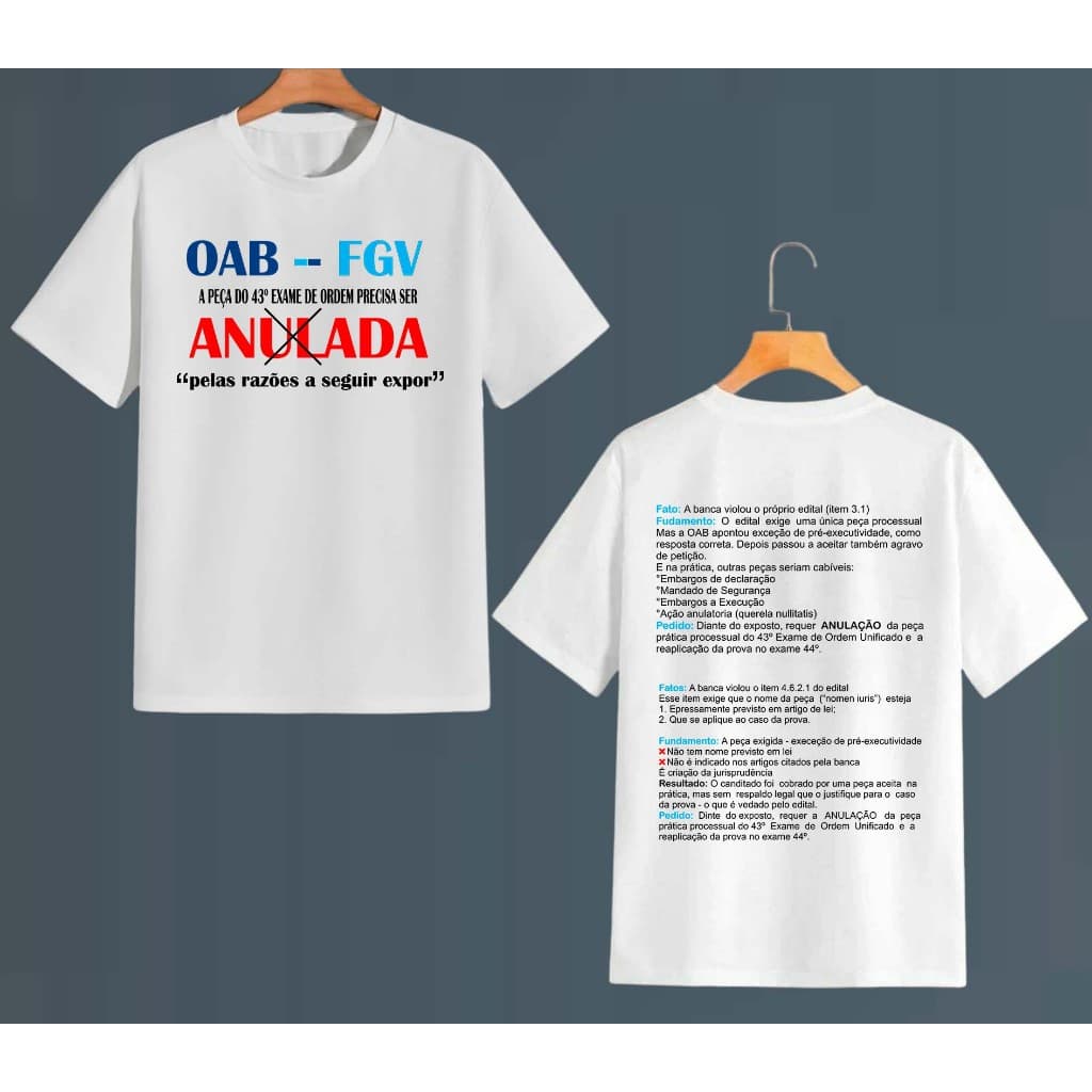 Camiseta 100% poliéster branca estampa frente e verso | OAB - FGV 43º Exame de Ordem violão ao edital