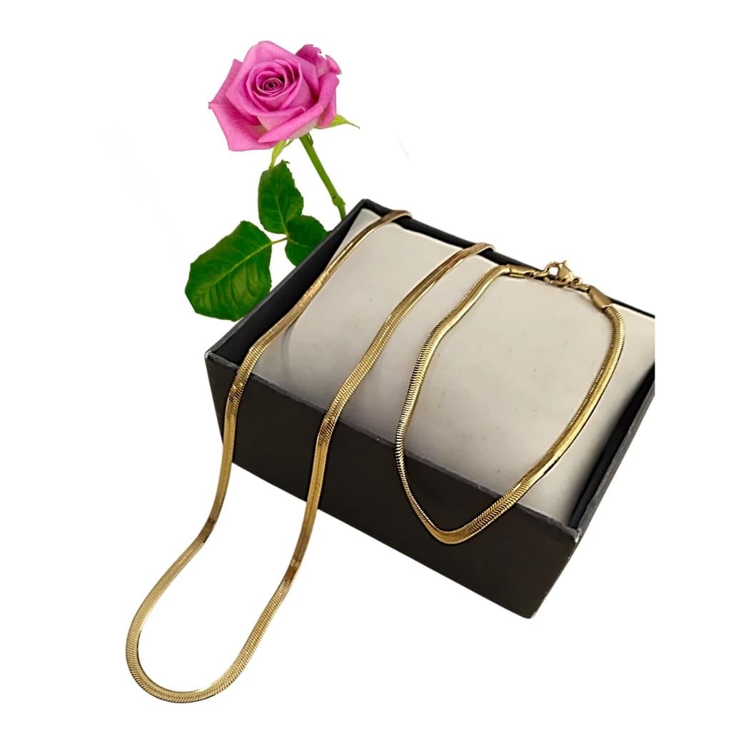 Conjunto Colar e Pulseira Feminina Aço Inoxidável Dourado Elo Cobra Dourado ou Prata