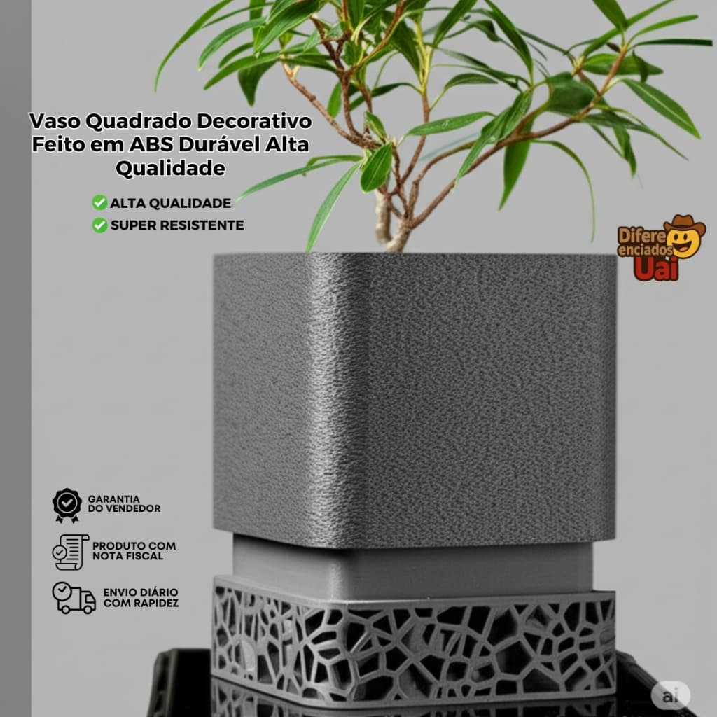 Vaso Quadrado Decorativo Feito em ABS Durável Alta Qualidade