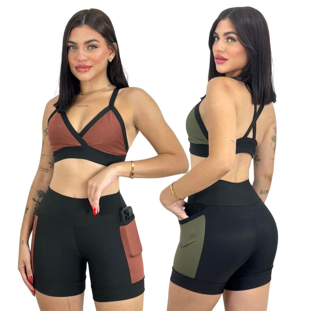 Conjunto Feminino Academia Fitness Top Short com Bolso