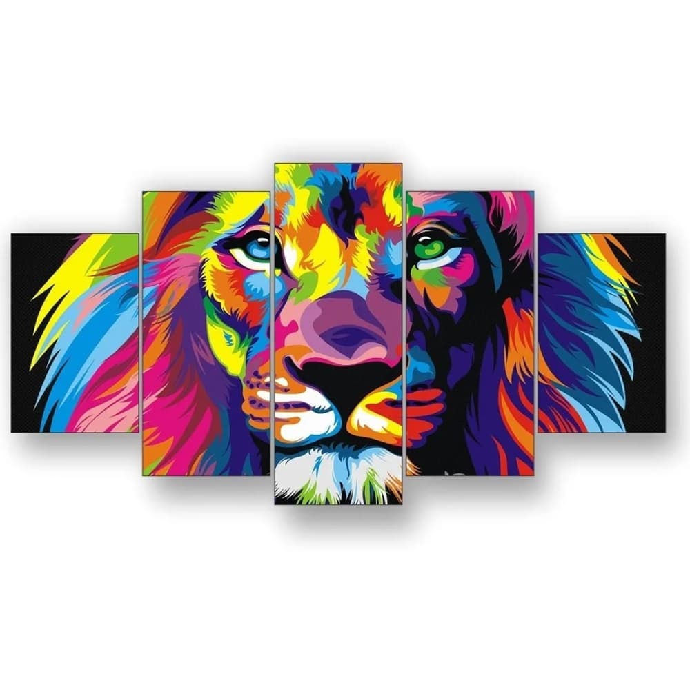 Quadro Decorativo Mosaico 5 Peças Leão Da Tribo De Judá Colorido Jesus Biblia Abstrato Sala Quarto