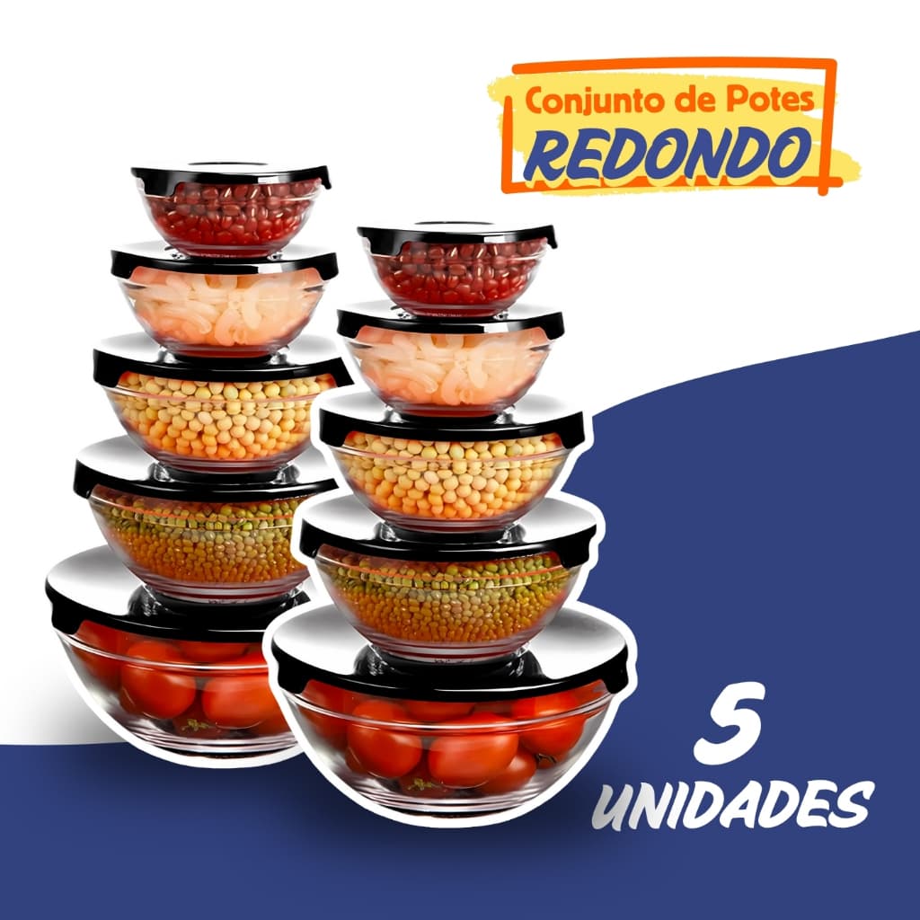 Conjunto 5 Potes de Vidro com Tampa Freezer Micro-ondas Alta Durabilidade Marmita