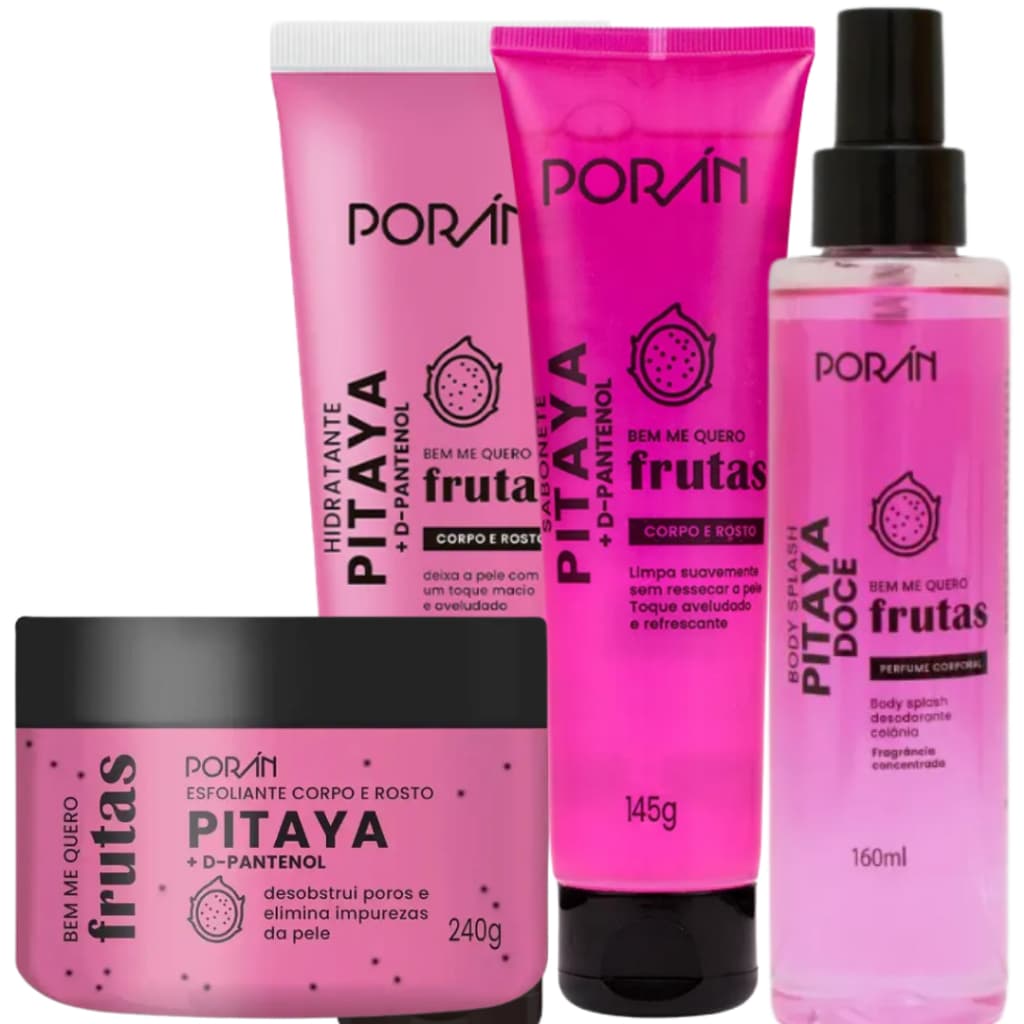 KIT PORÁN PITAYA - ESFOLIANTE FACIAL E CORPORAL, HIDRATANTE CORPORAL E SABOENTE CORPORAL E FACIAL.