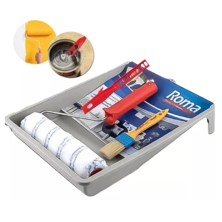Kit pintura de parede Rolo+Bandeja+Cabo+Pincel+Trincha - 5 peças Resistente