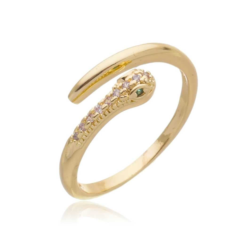 Anel Feminino Folheado com Zircônias – Inspiração Cobra | Modelos Ouro e Prata