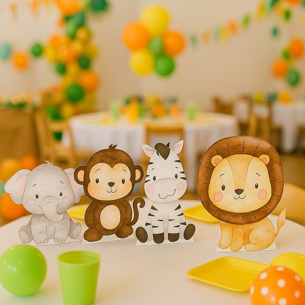 Enfeite de Mesa Safari Animais Decoração Infantil Leão Elefante Zebra Macaco Display Temático Festa