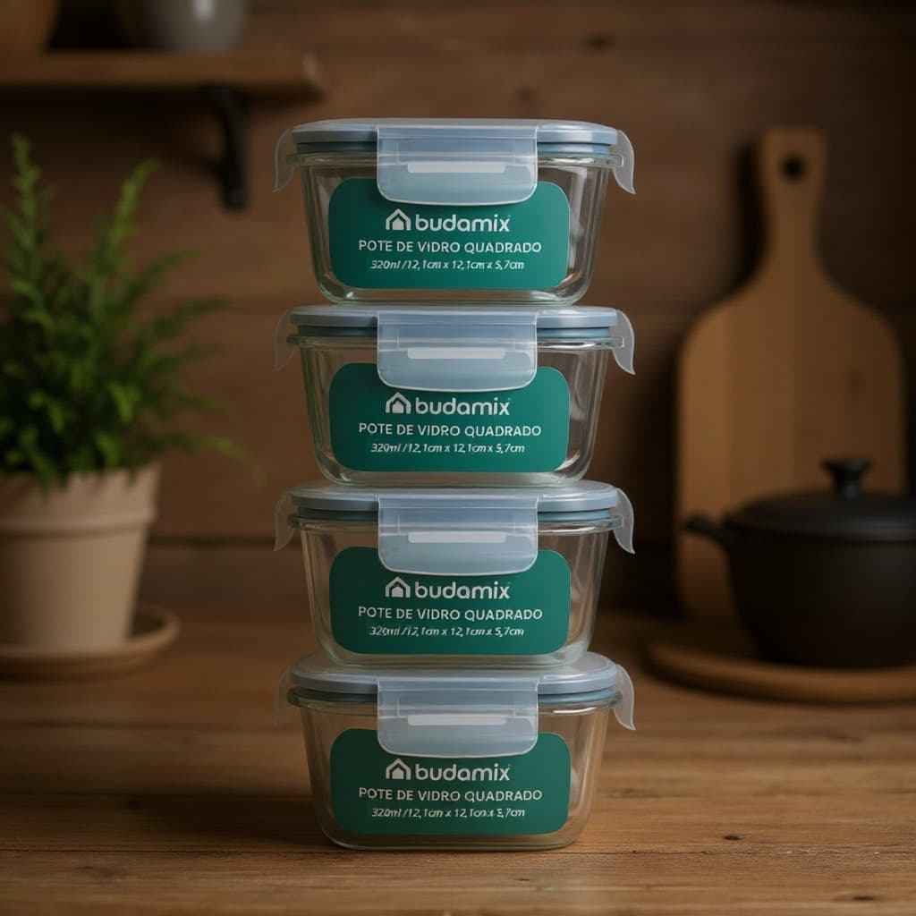 Conjunto 4 Potes Vidro 320ml Quadrado Hermético Vedação 4 Travas