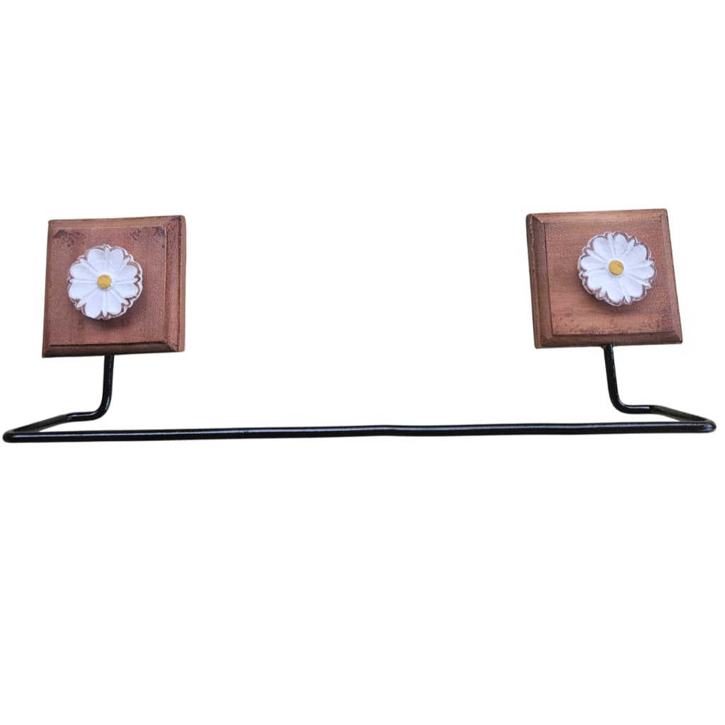 Suporte Porta Toalhas Banho Artesanal Ferro Madeira Flor Rústico Premium