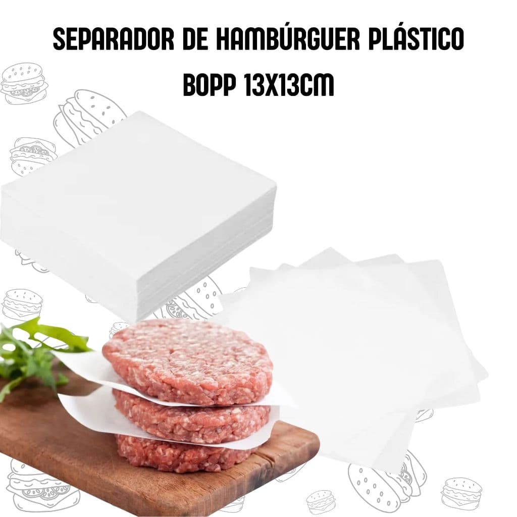 SEPARADOR DE HAMBURGUER PLASTICO BOPP 13X13CM 100 UNIDADES IDEAL PARA EMPILHAR HAMBURGUER
