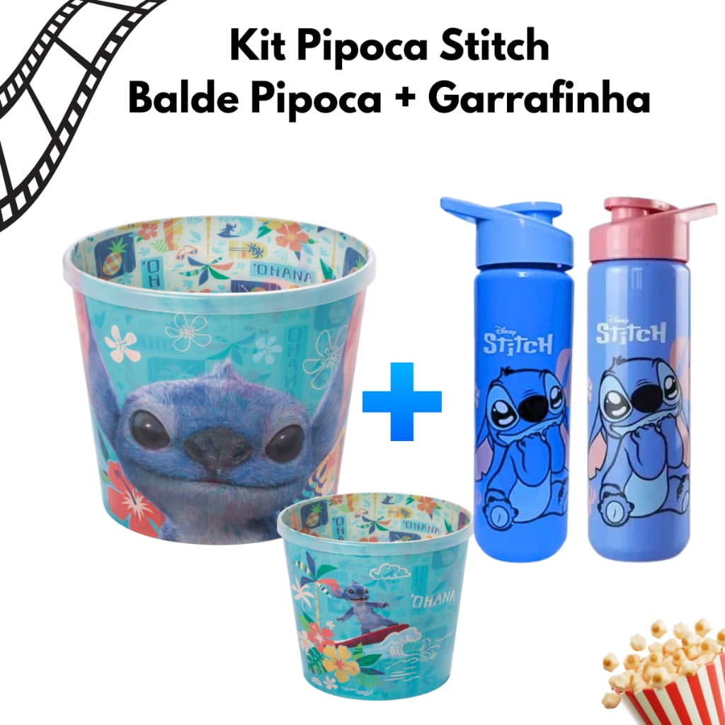 Kit Stitch Garrafa + Balde de Pipoca – Copo Infantil Temático para Lanche, Cinema e Festas
