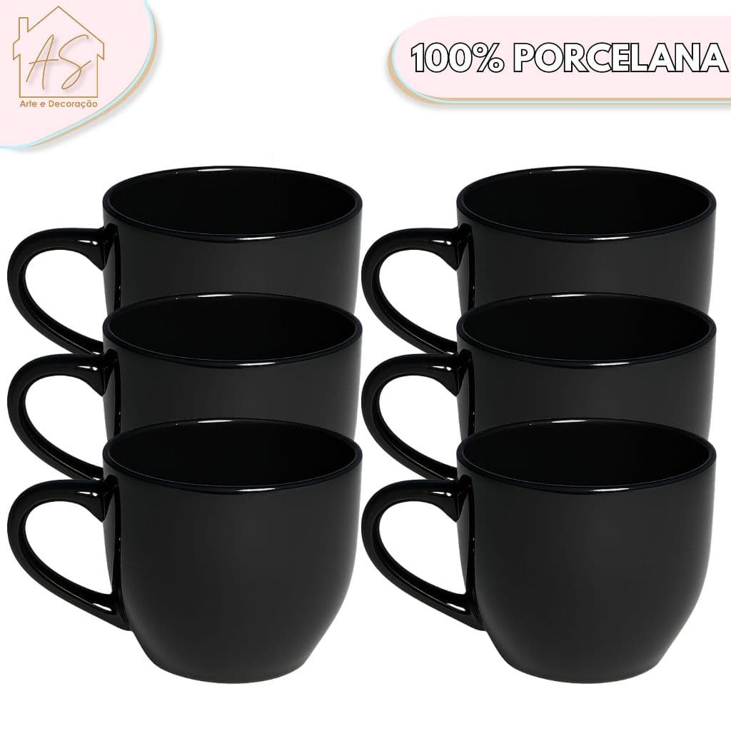 Jogo 6 Xicara Café Chá Porcelana 170ml > Cor Preta