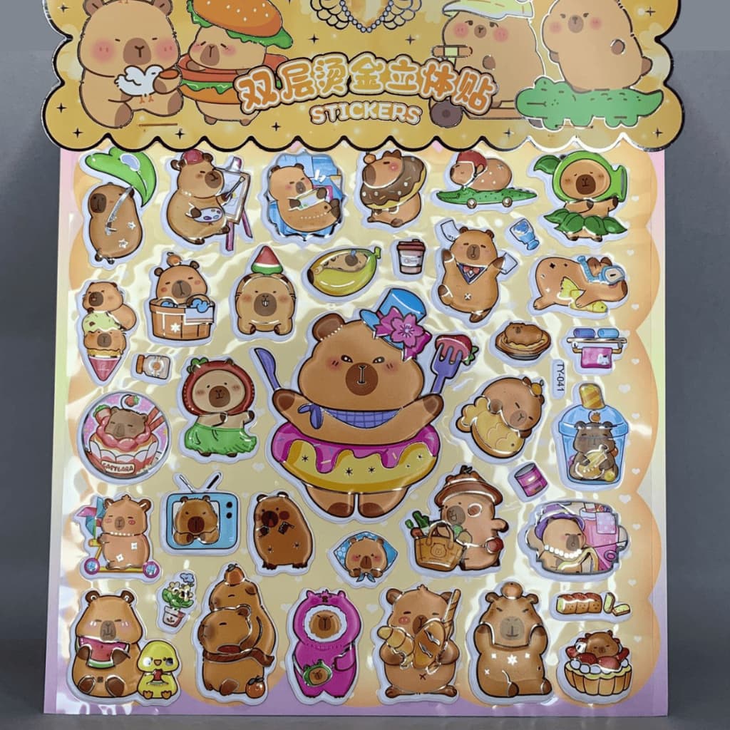 Cartela Adesivos Capivara Kawaii 3D Alto Relevo C/ 80 Stickers Colecionável Infantil Decorativos
