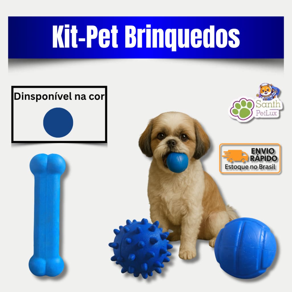 Kit Pet 3 brinquedos para cachorro/ bolinha maciça lisa azul/bolinha maciça mamona /ossinho massageador de borracha azul