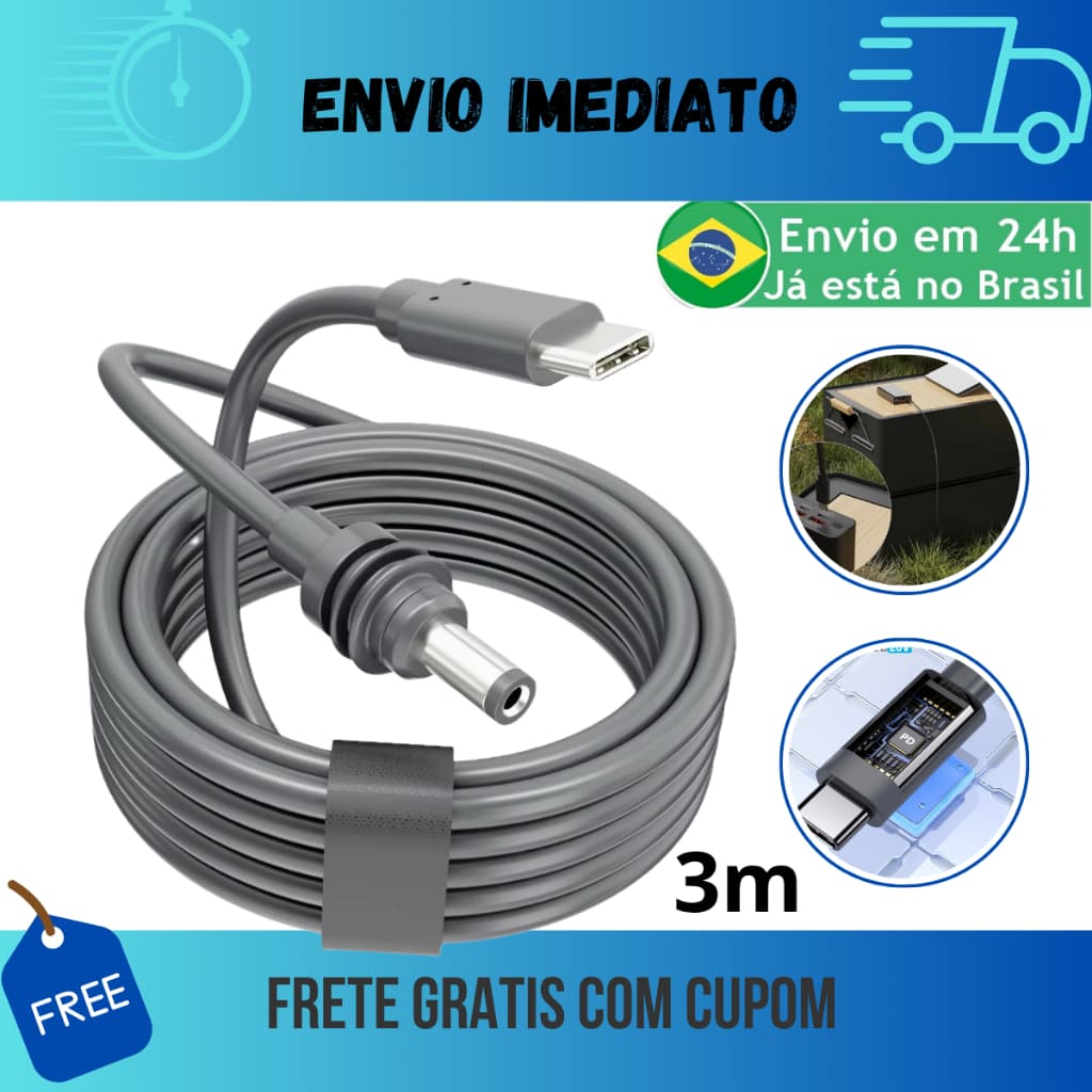 Cabo Para Starlink Mini Usb-c Para DC 3 Metros 100W À Prova Dágua Alimentação Energia Powerbank