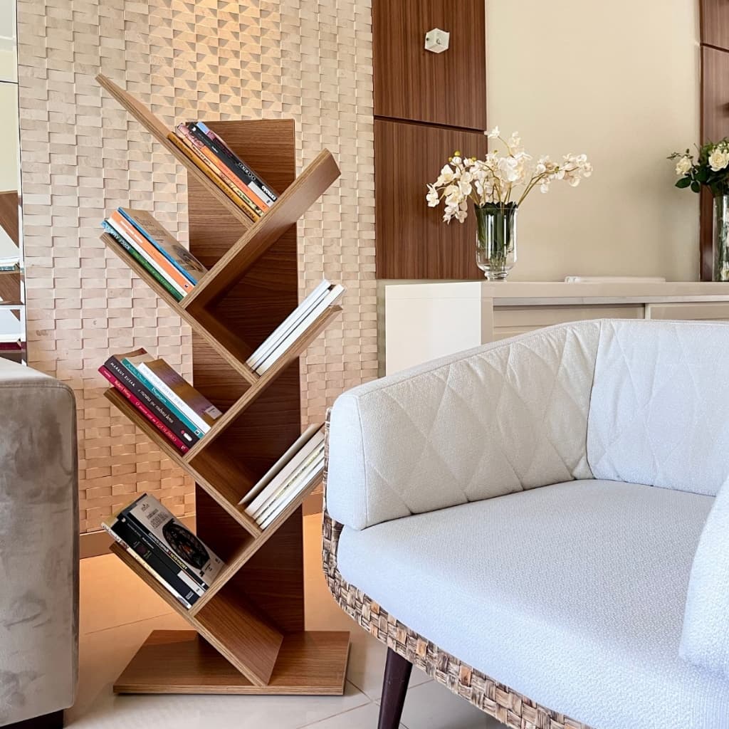 Porta livros organizador suporte livreiro estilo arvore estante mdf  moderno sala quarto compacto